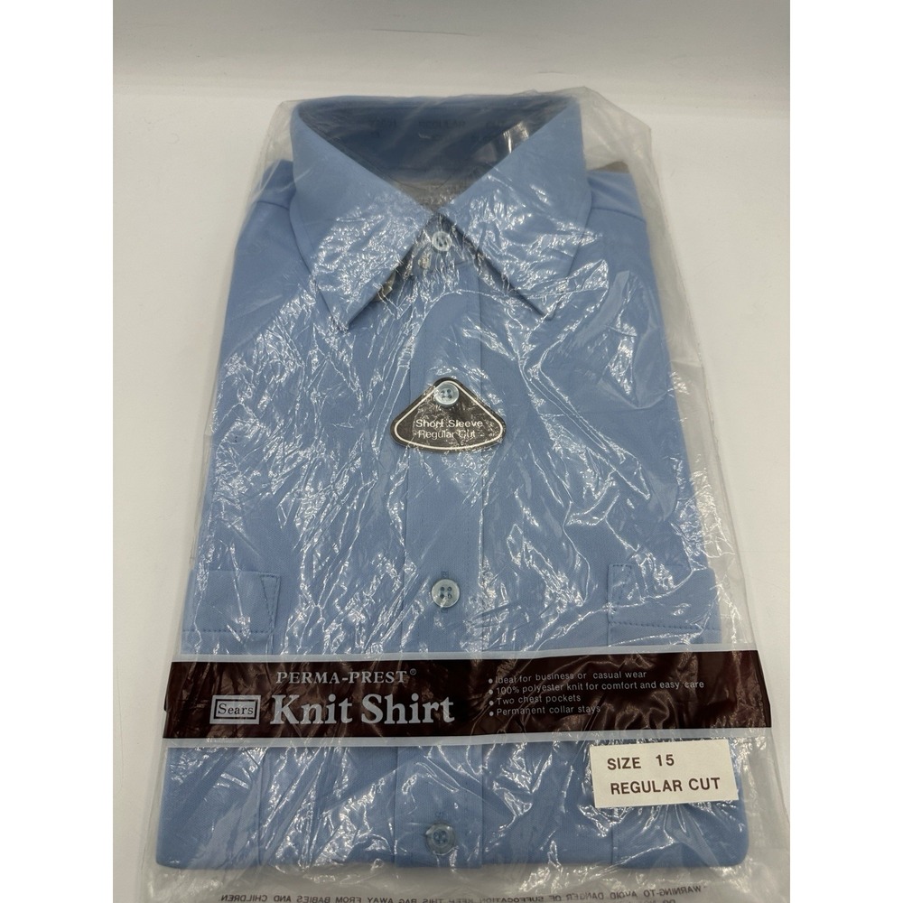 Vintage Sears Perma Prest Knit Shirt Mens 15 Blue NOS Short Sleeve 70s